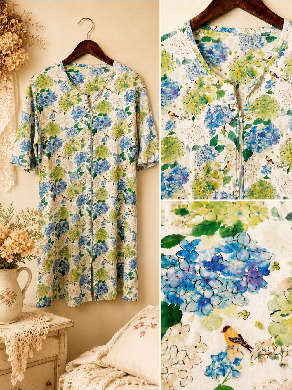COTN Pima Cotton Hydrangea Bird Print Zip Front Nightgown Size L
